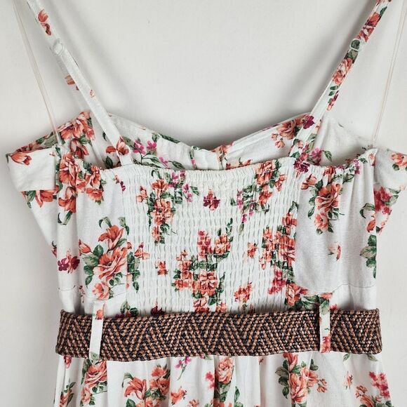 Mind Code Cotton Mini Dress Floral Cream Belted Wooden Button Size M - Picture 6 of 16